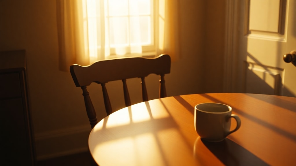 An empty kitchen chair at morning light with coffee cup
