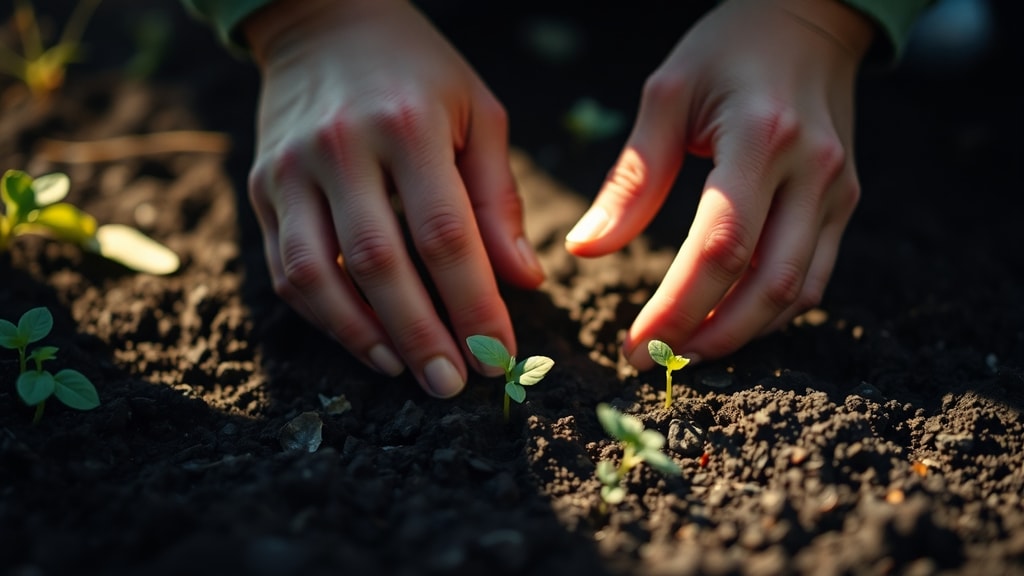 Hands planting seeds in garden soil with morning light