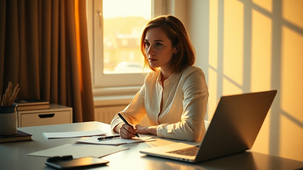 A professional woman pausing at her desk during golden hour, handwritten notes visible