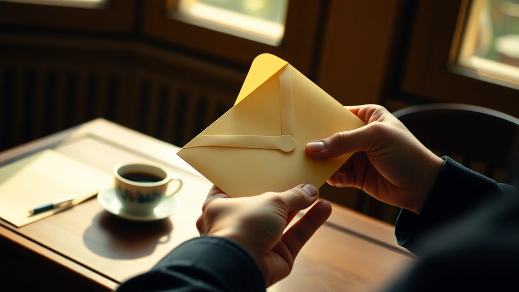 Hands holding a sealed envelope with soft natural light, vintage desk setting