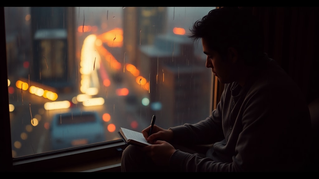 A person writing at a window seat during rain, city lights blurred outside