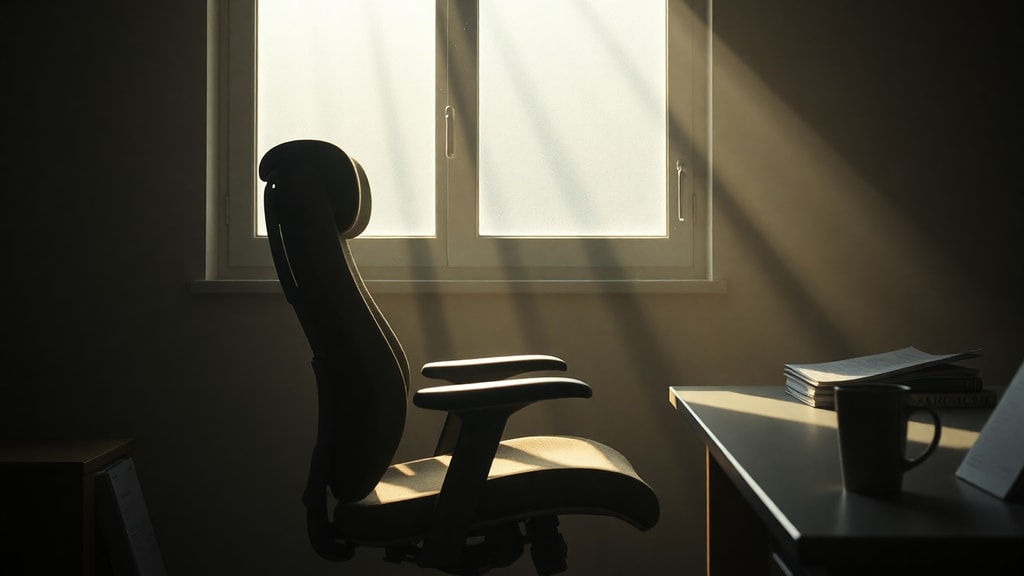 A worn office chair in early morning light with dust particles visible