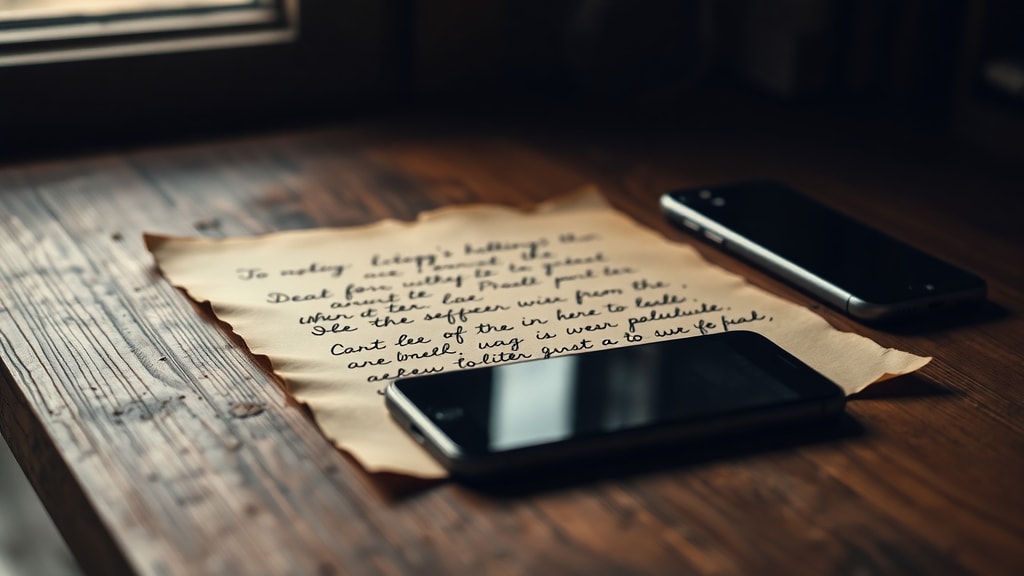 A weathered handwritten letter on aged paper beside a modern smartphone