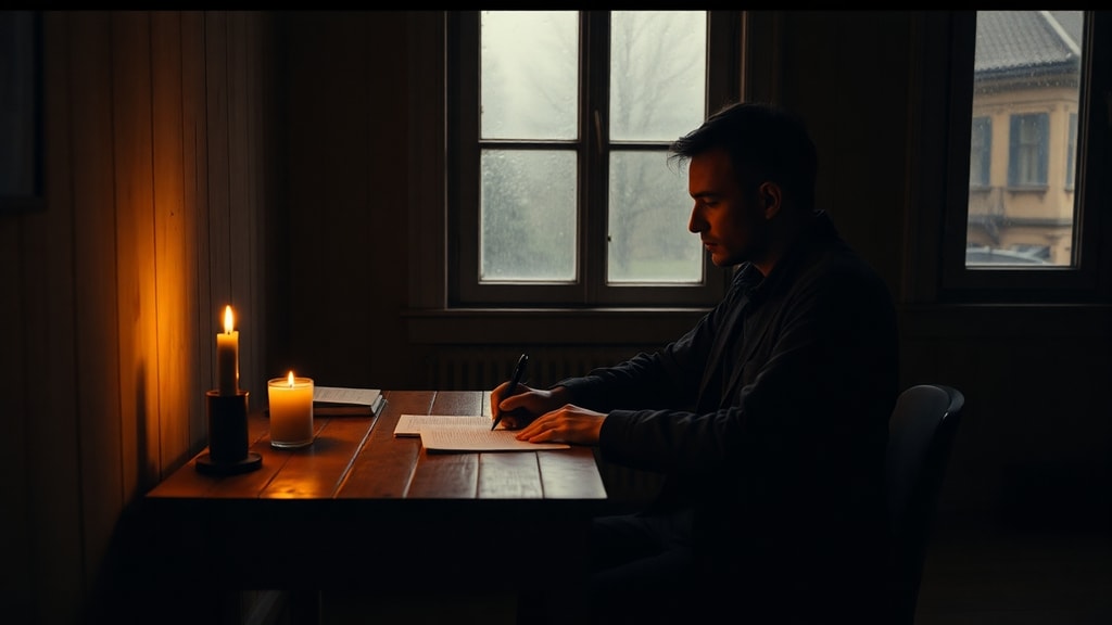 A person writing by candlelight at a wooden desk with rain on window