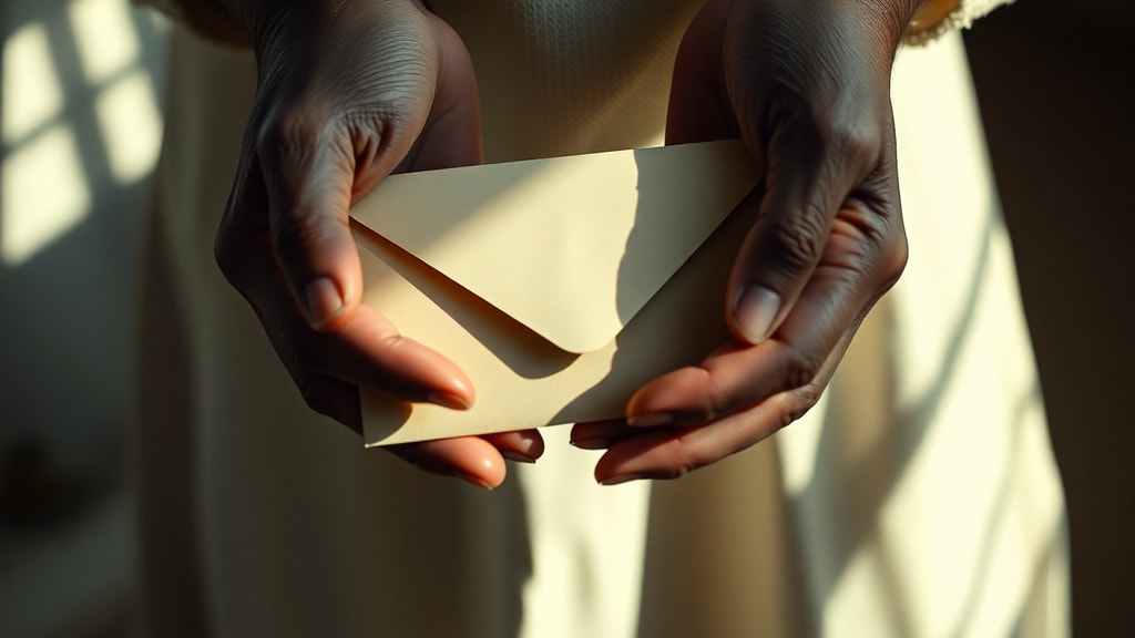 Hands holding an unopened envelope with soft morning light