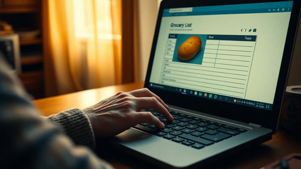 An elderly woman's hands typing on a laptop keyboard with a grocery list visible on screen
