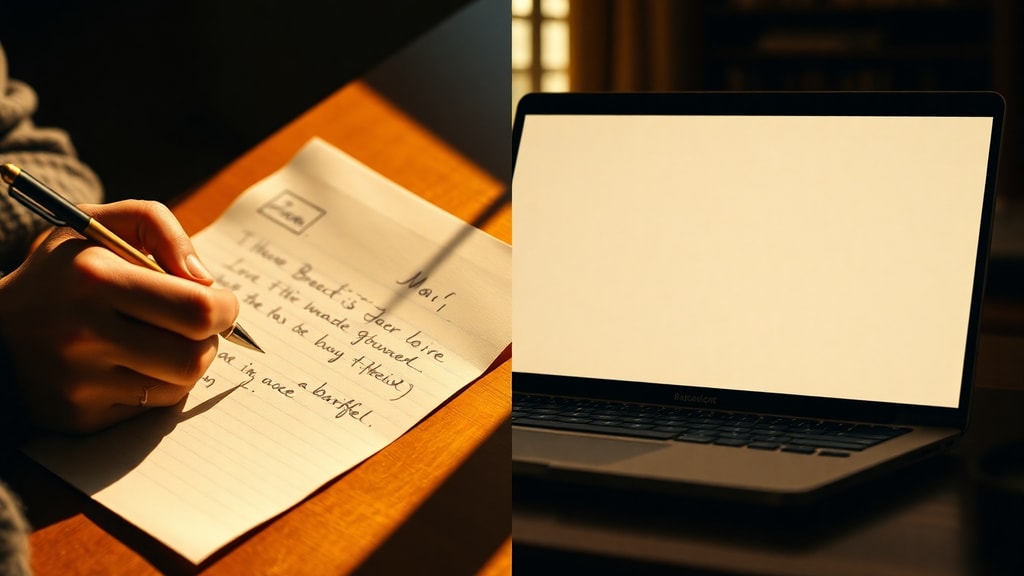 A person writing a handwritten letter beside a laptop with a digital time capsule interface