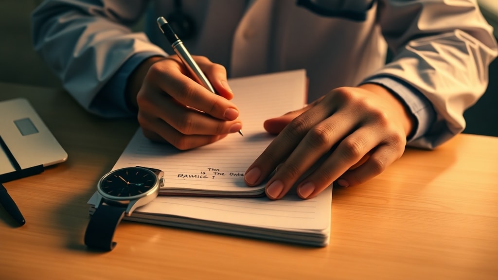 A doctor reviewing handwritten patient notes beside a glowing wearable device