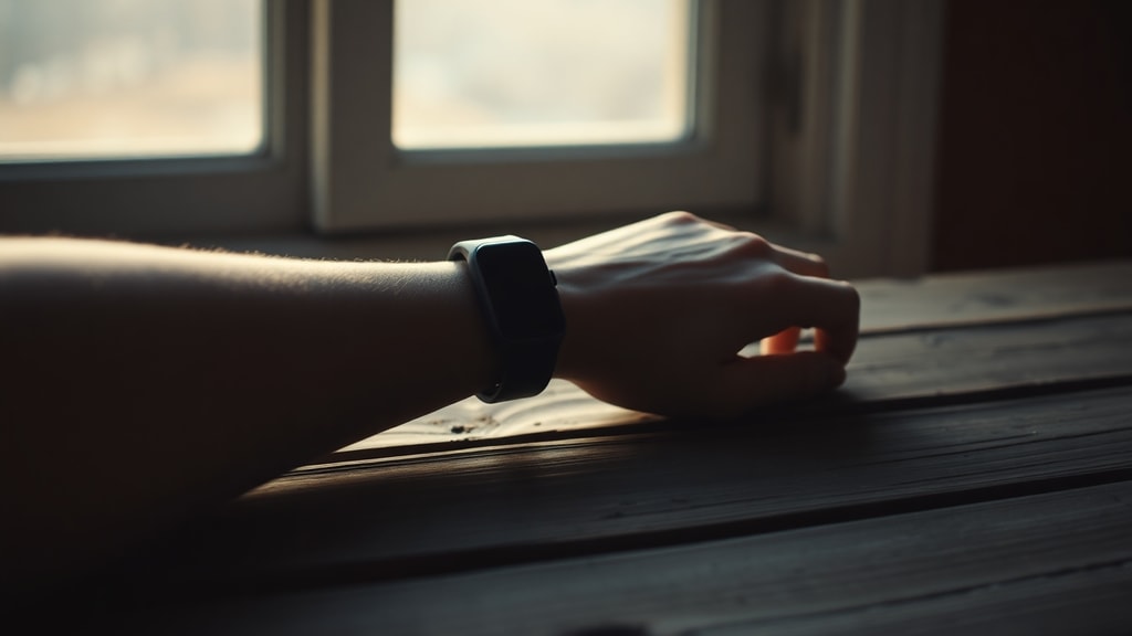 A person's wrist without a watch, hand resting on a wooden table with morning light
