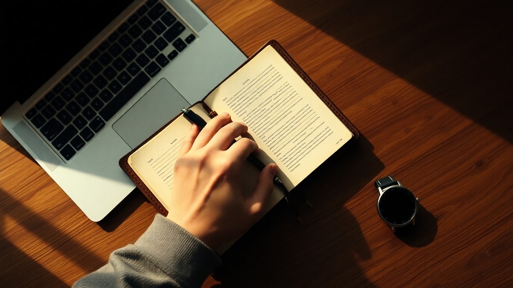Hands writing in a paper journal beside a closed laptop and a smartwatch face-down on the table