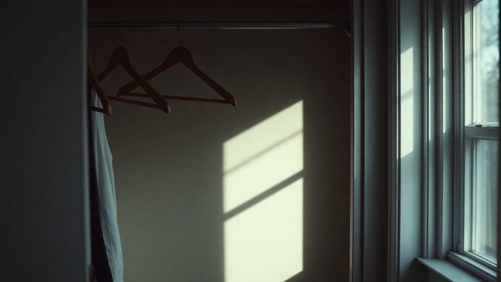 A half-empty closet with one person's clothes remaining, morning light streaming through a window