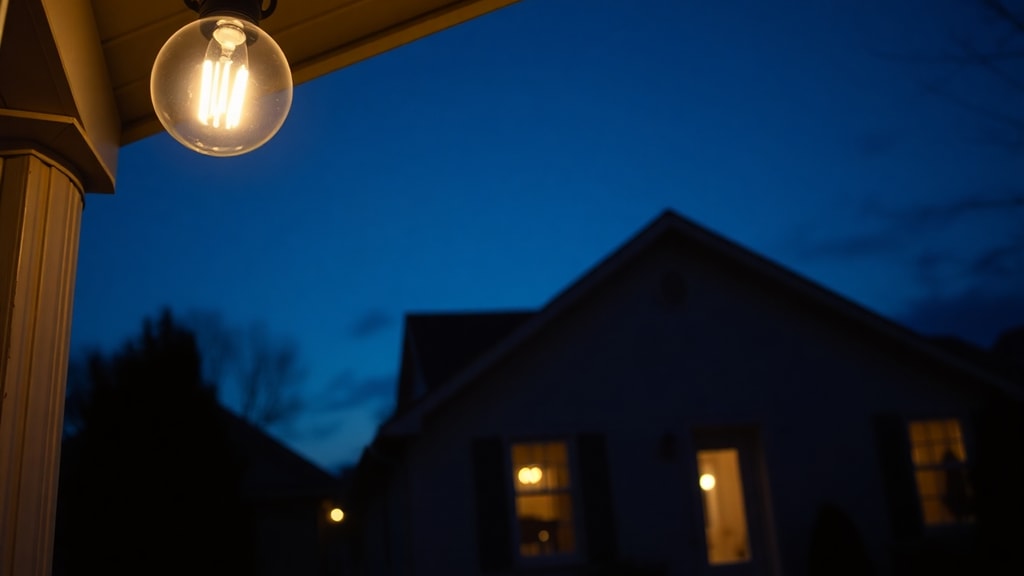 A single porch light turned off at dusk, the bulb dark against a deep blue sky, a house quiet and still