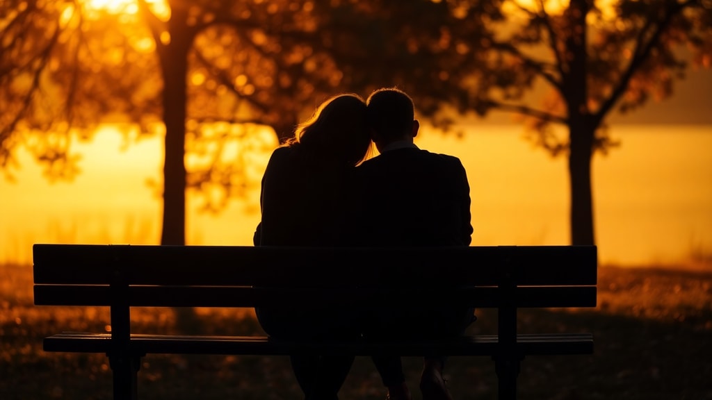 Two people sitting in silence on a park bench at golden hour