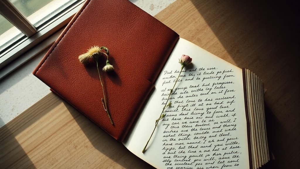 Open journal with handwritten pages beside a single dried flower