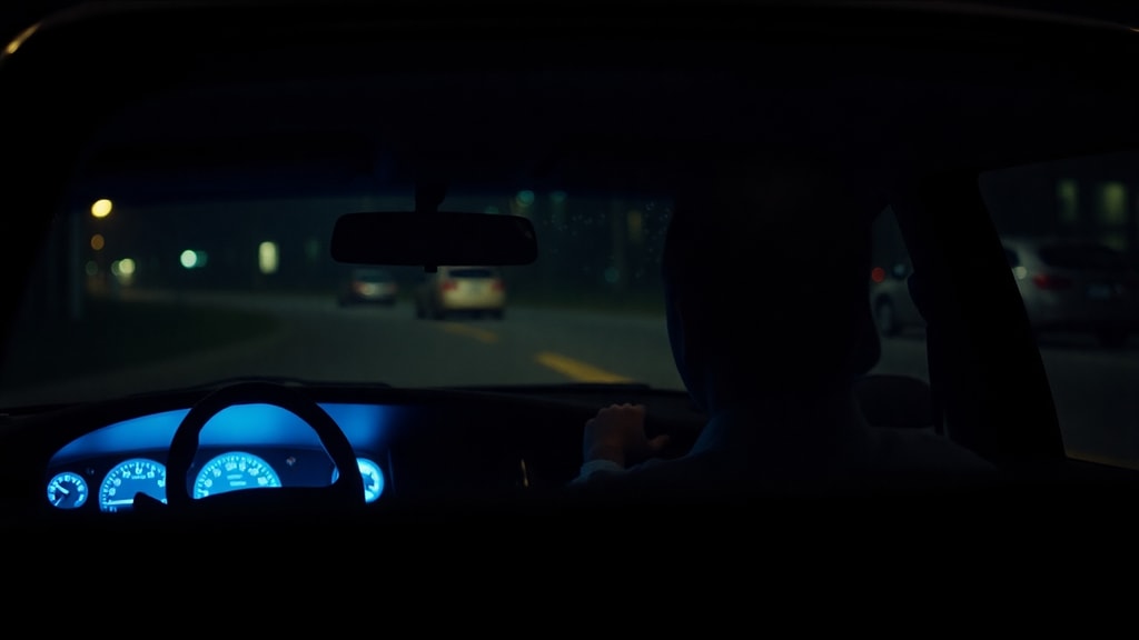 A parent sitting alone in a car at night, dashboard glow illuminating their face