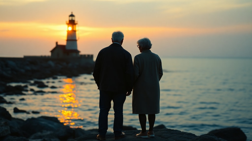 An adult child and elderly parent standing on a rocky coastline looking at a distant lighthouse
