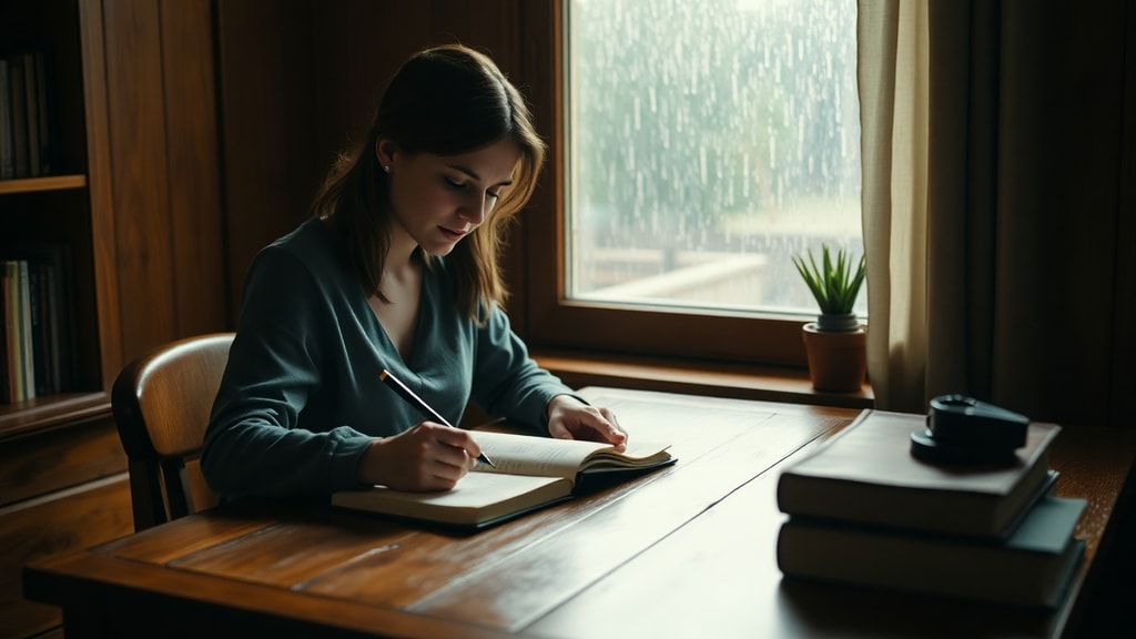 A woman in her thirties writing at a desk near a rain-streaked window