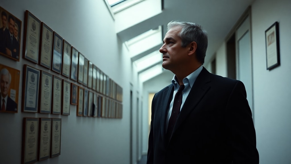 A middle-aged professional pausing in a modern office hallway, looking at a wall of old photographs
