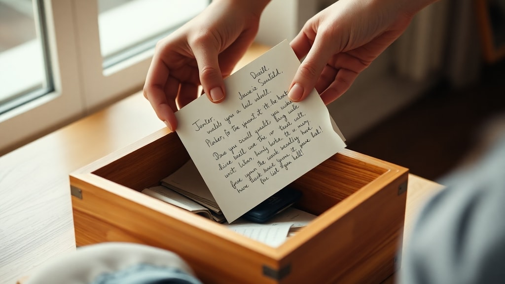 Hands placing a sealed letter into a wooden box with other memorabilia