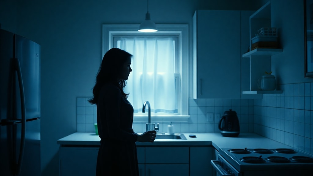 A woman standing alone in a softly lit kitchen at night