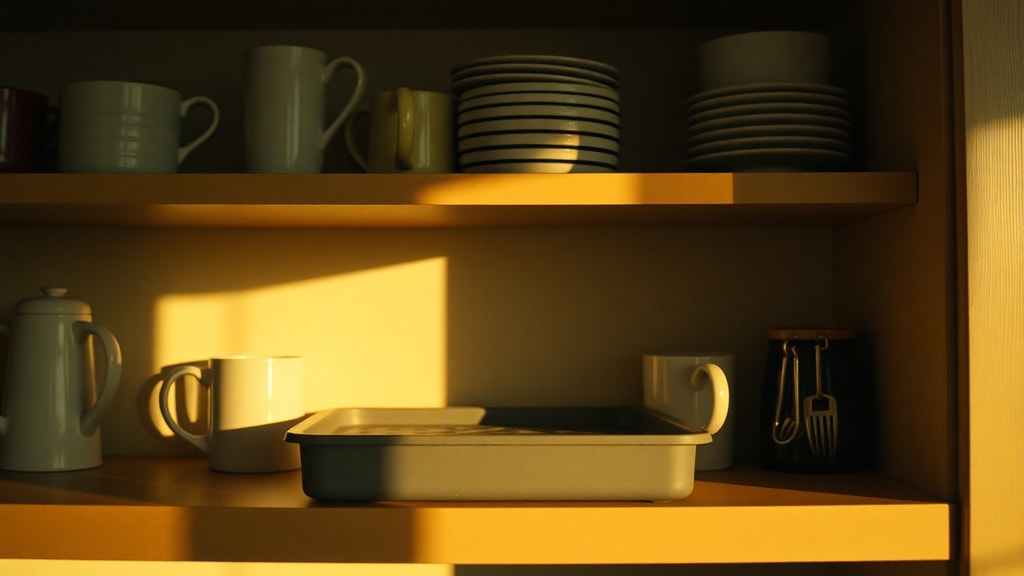 A neatly organized kitchen shelf with mismatched mugs and a single ice tray