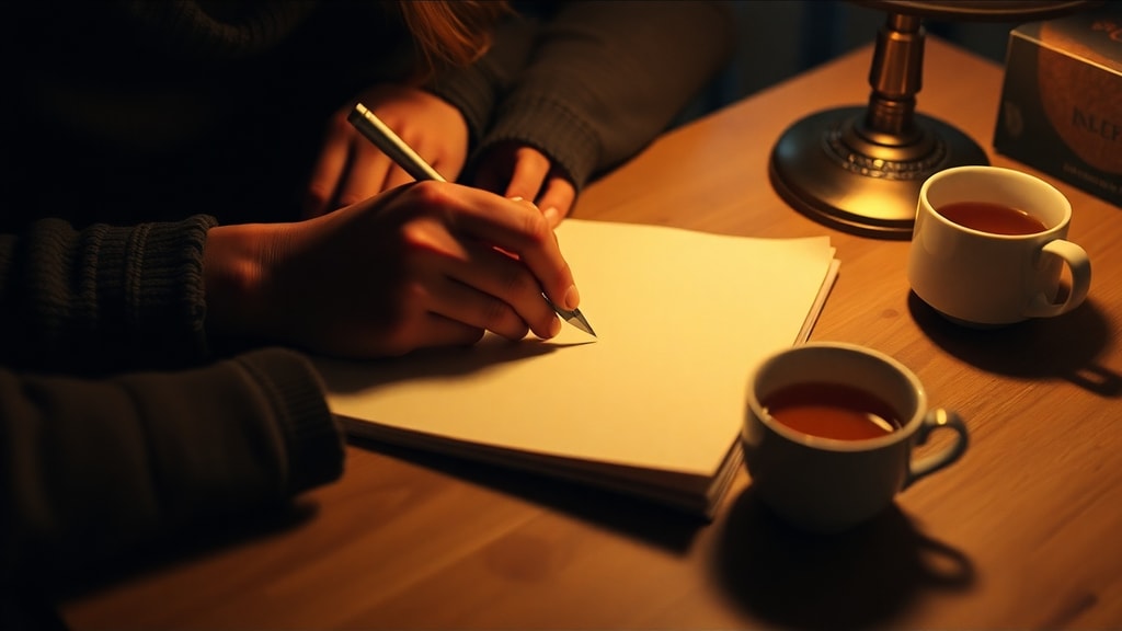 Hands writing a letter by warm lamplight with a cup of tea nearby