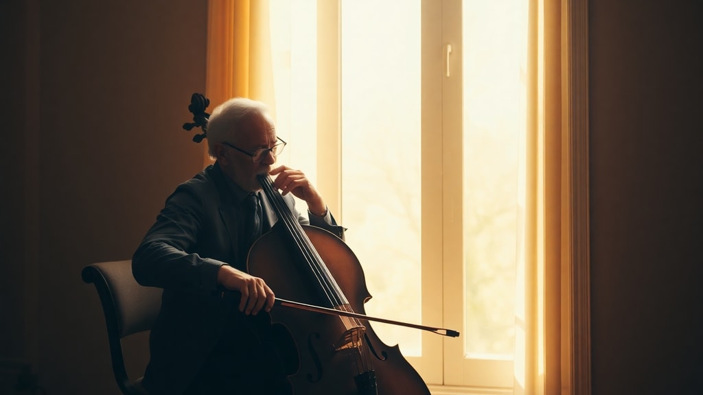 An older man practicing cello by a sunlit window
