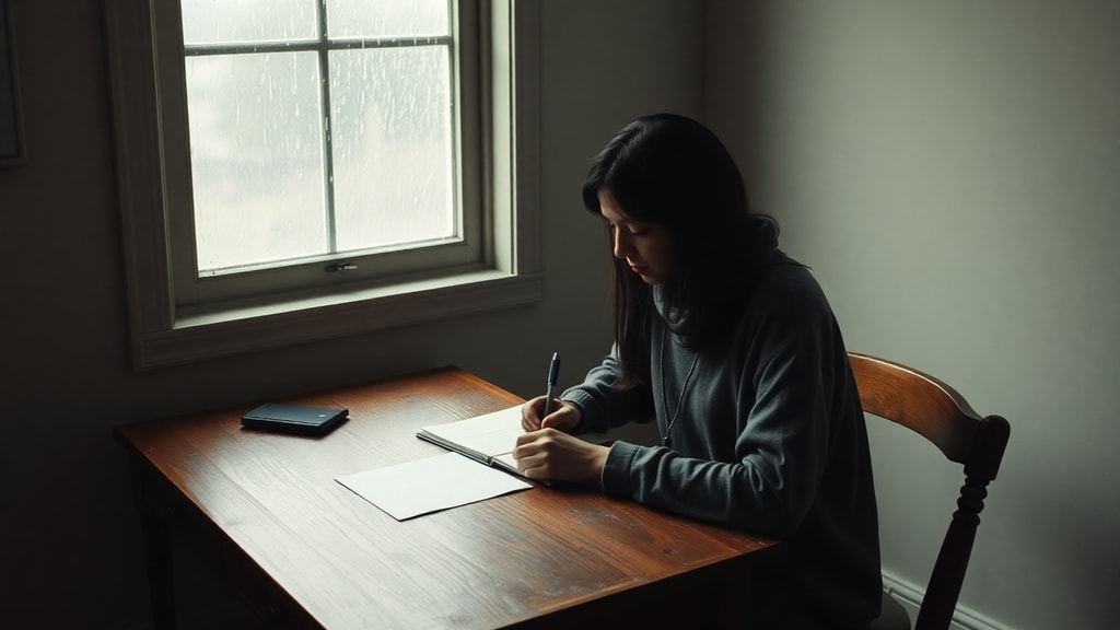 A person writing a letter at a wooden desk near a rain-streaked window