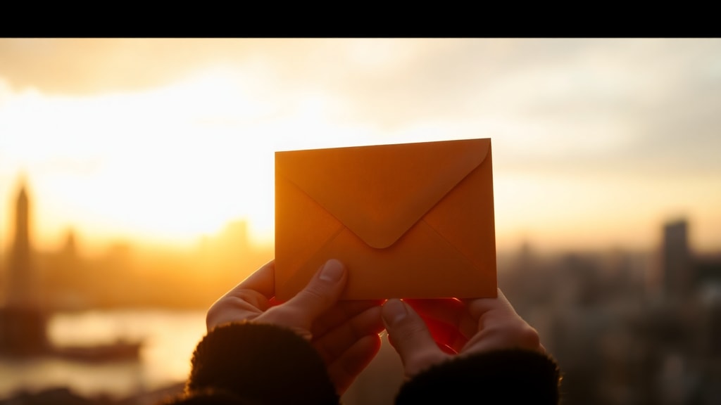 Hands holding an aged sealed envelope against a blurred city skyline at sunset